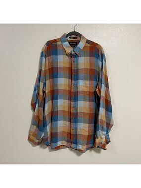 Paul Fredrick Shirt Men’s Size XXLT Blue Orange Plaid Linen button up Shirt